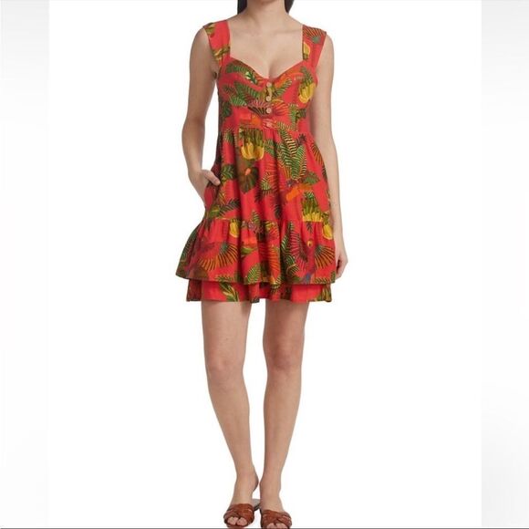 FARM Rio Forest Birds Linen Tiered Mini Dress - Picture 1 of 8